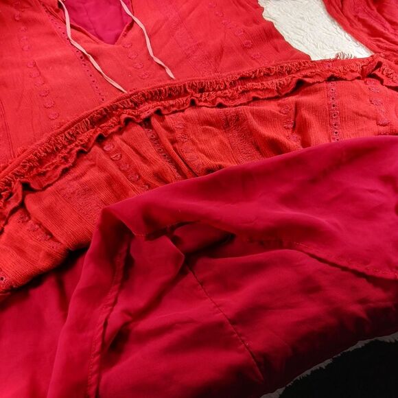 Rayon Red/Rust Colored Boho Lined Tunic V-tie Neck, Long Bell Sleeve Woman's L.. - Picture 13 of 16